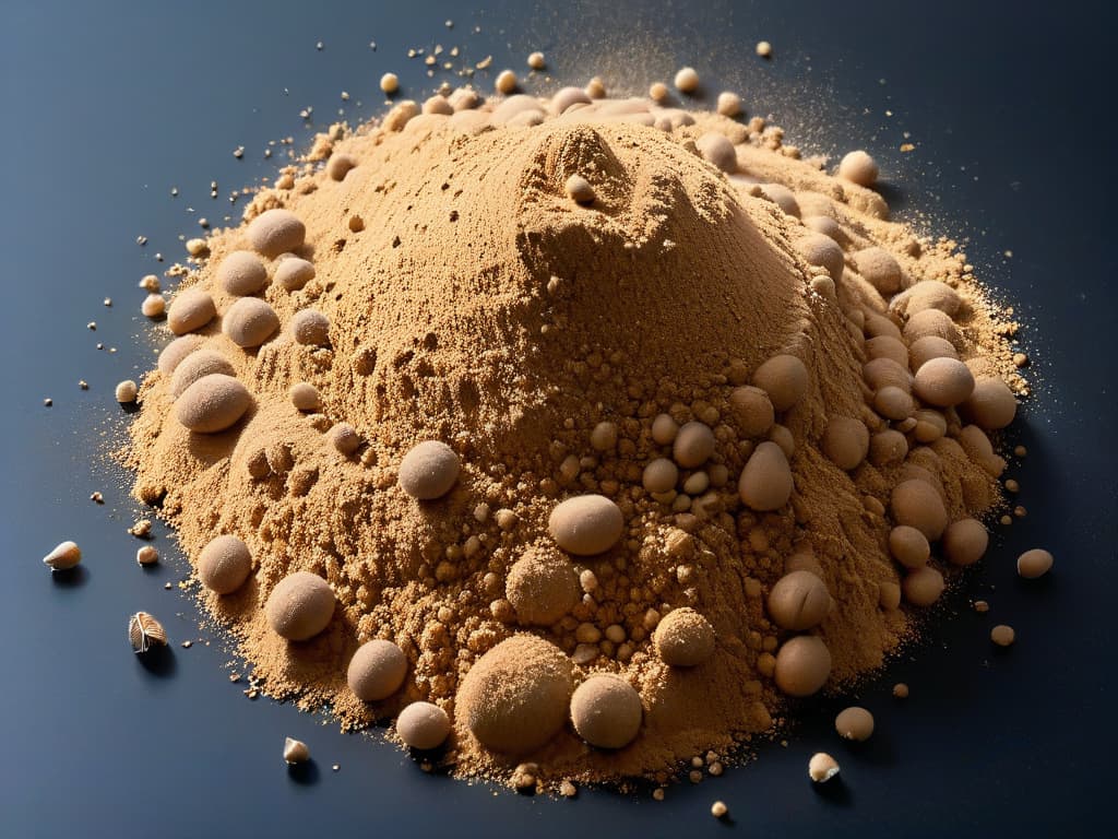  A closeup, ultradetailed image of a small pile of teff flour with a few scattered teff grains on a sleek, matte black surface. The flour appears fine and powdery, showcasing its texture and quality. Light softly illuminates the scene, creating subtle shadows and highlights to enhance the minimalistic aesthetic. hyperrealistic, full body, detailed clothing, highly detailed, cinematic lighting, stunningly beautiful, intricate, sharp focus, f/1. 8, 85mm, (centered image composition), (professionally color graded), ((bright soft diffused light)), volumetric fog, trending on instagram, trending on tumblr, HDR 4K, 8K