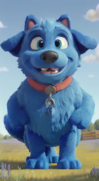  {A happy, big blue dog wagging its tail in a colorful meadow, The big blue dog is large with sky blue fur, big round eyes, a black nose, and floppy ears.