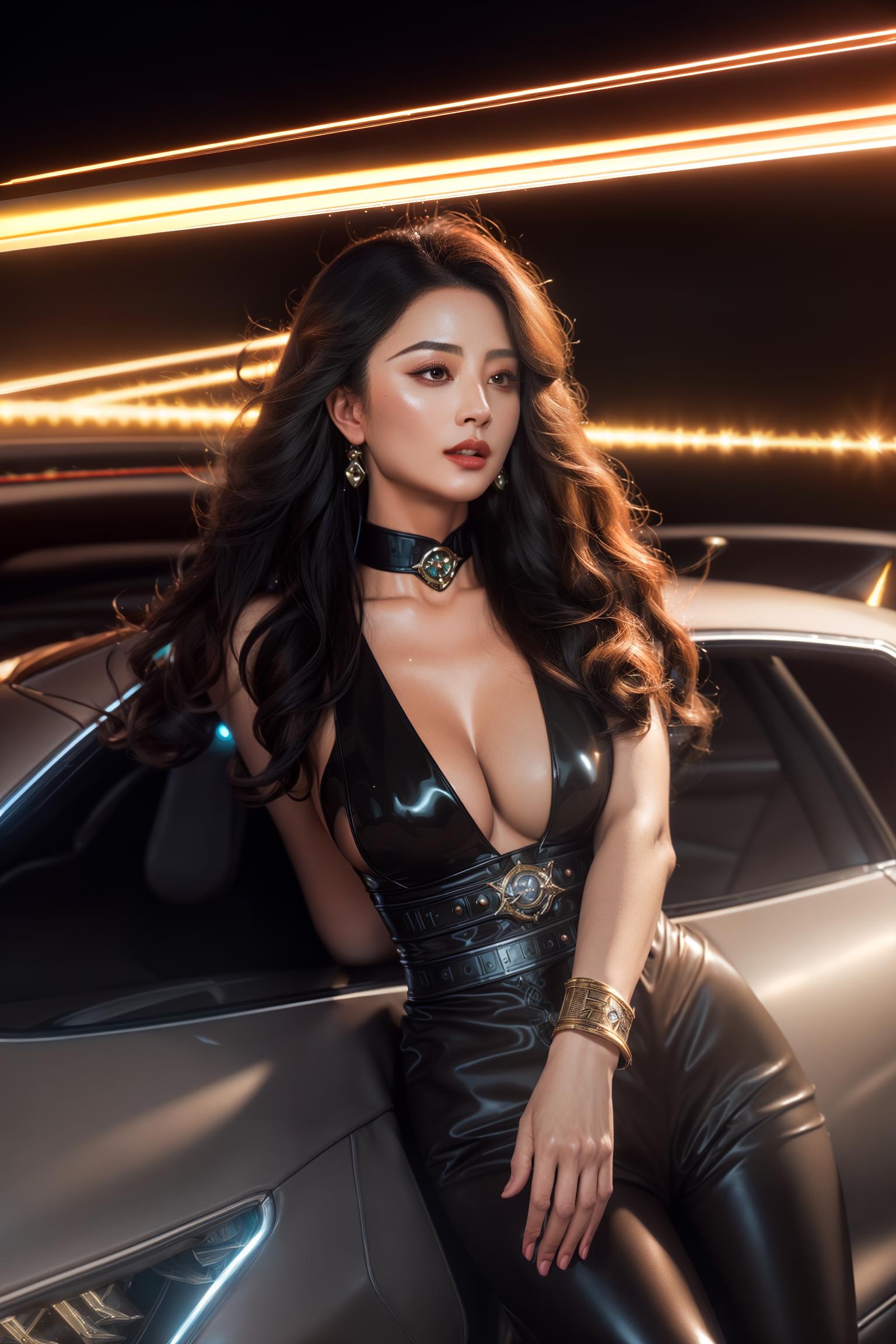  "masterpiece,(bestquality),highlydetailed,ultra detailed,(Mona:1.5),(sexyandmysterious:1.7),blacktightleatheroutfit,highendeveninggown,longcurlyhair,uniqueeye catchingmakeup,distinctiveaccessories,(wiseandbrave:1.5),deepinsightfuleyes,confidentanddecisivepose,(charming:1.3),elegantbutchallenging,sleekcigar,fullchampagneglass, (dangerousenvironment:1.7),nightcity,luxuriousvilla,car chase,(hightechequipment:1.5),advancedcommunicationdevices,invisiblehearingdevices,(mysteriousatmosphere:1.3),darkcolorpalette,dimlighting" hyperrealistic, full body, detailed clothing, highly detailed, cinematic lighting, stunningly beautiful, intricate, sharp focus, f/1. 8, 85mm, (centered image composition), (professionally color graded), ((bright soft diffused light)), volumetric fog, trending on instagram, trending on tumblr, HDR 4K, 8K