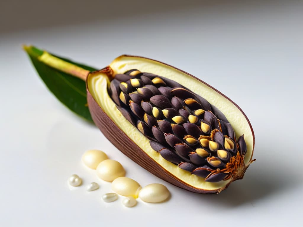  An ultradetailed closeup shot of a delicate vanilla bean pod split open, showcasing the tiny, aromatic seeds inside. The image captures the intricate textures and patterns of the pod's surface, highlighting the essence of natural sweetness and flavor that it imparts. The lighting is soft, emphasizing the subtle hues of brown and cream, creating a visually captivating and evocative composition that conveys the essence of artisanal and experimental baking. hyperrealistic, full body, detailed clothing, highly detailed, cinematic lighting, stunningly beautiful, intricate, sharp focus, f/1. 8, 85mm, (centered image composition), (professionally color graded), ((bright soft diffused light)), volumetric fog, trending on instagram, trending on tumblr, HDR 4K, 8K