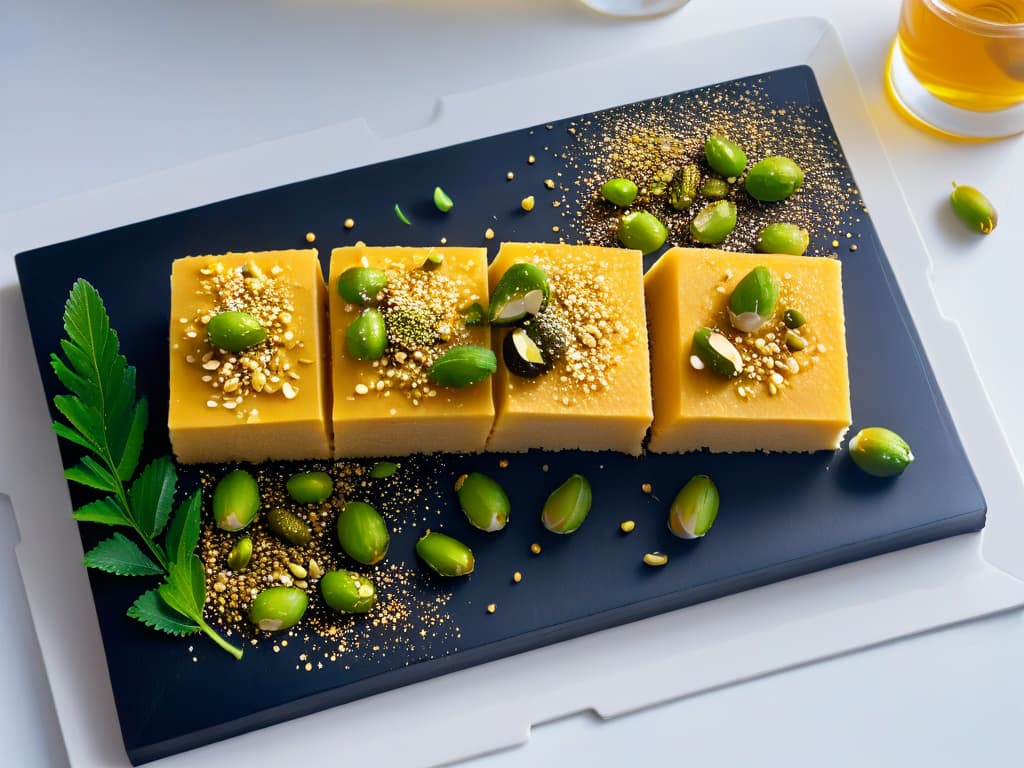  An ultradetailed closeup image of homemade sesame halva slices arranged in a perfectly symmetrical pattern on a sleek, modern, matte black plate. Each slice is delicately garnished with a sprinkle of crushed pistachios and a drizzle of golden honey, showcasing the rich texture and golden hues of the dessert. The halva glistens under soft, natural lighting, highlighting its smooth, slightly crumbly surface and inviting the viewer to savor its decadent sweetness. hyperrealistic, full body, detailed clothing, highly detailed, cinematic lighting, stunningly beautiful, intricate, sharp focus, f/1. 8, 85mm, (centered image composition), (professionally color graded), ((bright soft diffused light)), volumetric fog, trending on instagram, trending on tumblr, HDR 4K, 8K