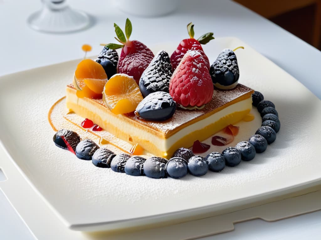  A highresolution, ultradetailed image of a beautifully plated deconstructed dessert, showcasing layers of delicate pastry, creamy fillings, and vibrant garnishes in a modern, minimalist presentation. The dessert is elegantly arranged on a sleek, white plate with artistic drizzles of sauce, scattered fresh fruit pieces, and a dusting of powdered sugar, emphasizing the artistry and precision involved in this innovative culinary trend. hyperrealistic, full body, detailed clothing, highly detailed, cinematic lighting, stunningly beautiful, intricate, sharp focus, f/1. 8, 85mm, (centered image composition), (professionally color graded), ((bright soft diffused light)), volumetric fog, trending on instagram, trending on tumblr, HDR 4K, 8K