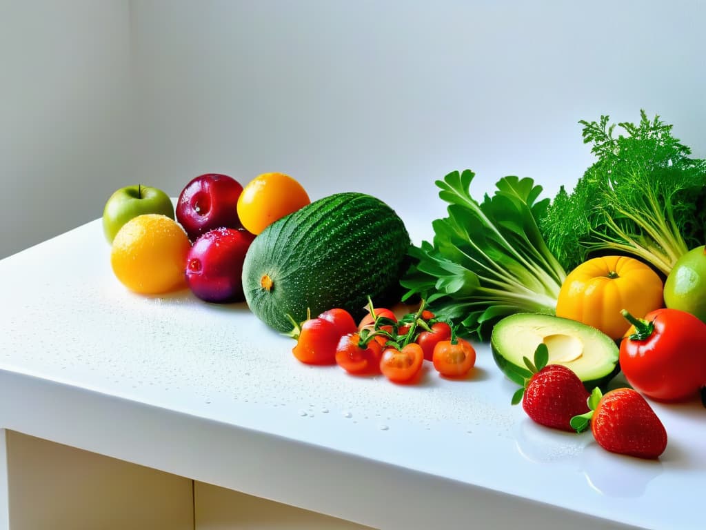  A pristine, minimalist kitchen counter adorned with an array of colorful, perfectly arranged fruits and vegetables, with drops of water glistening on their surfaces, showcasing the beauty and freshness of natural ingredients in baking. The vibrant colors and textures pop against the clean, white background, evoking a sense of freshness and abundance in a wastefree kitchen setting. hyperrealistic, full body, detailed clothing, highly detailed, cinematic lighting, stunningly beautiful, intricate, sharp focus, f/1. 8, 85mm, (centered image composition), (professionally color graded), ((bright soft diffused light)), volumetric fog, trending on instagram, trending on tumblr, HDR 4K, 8K