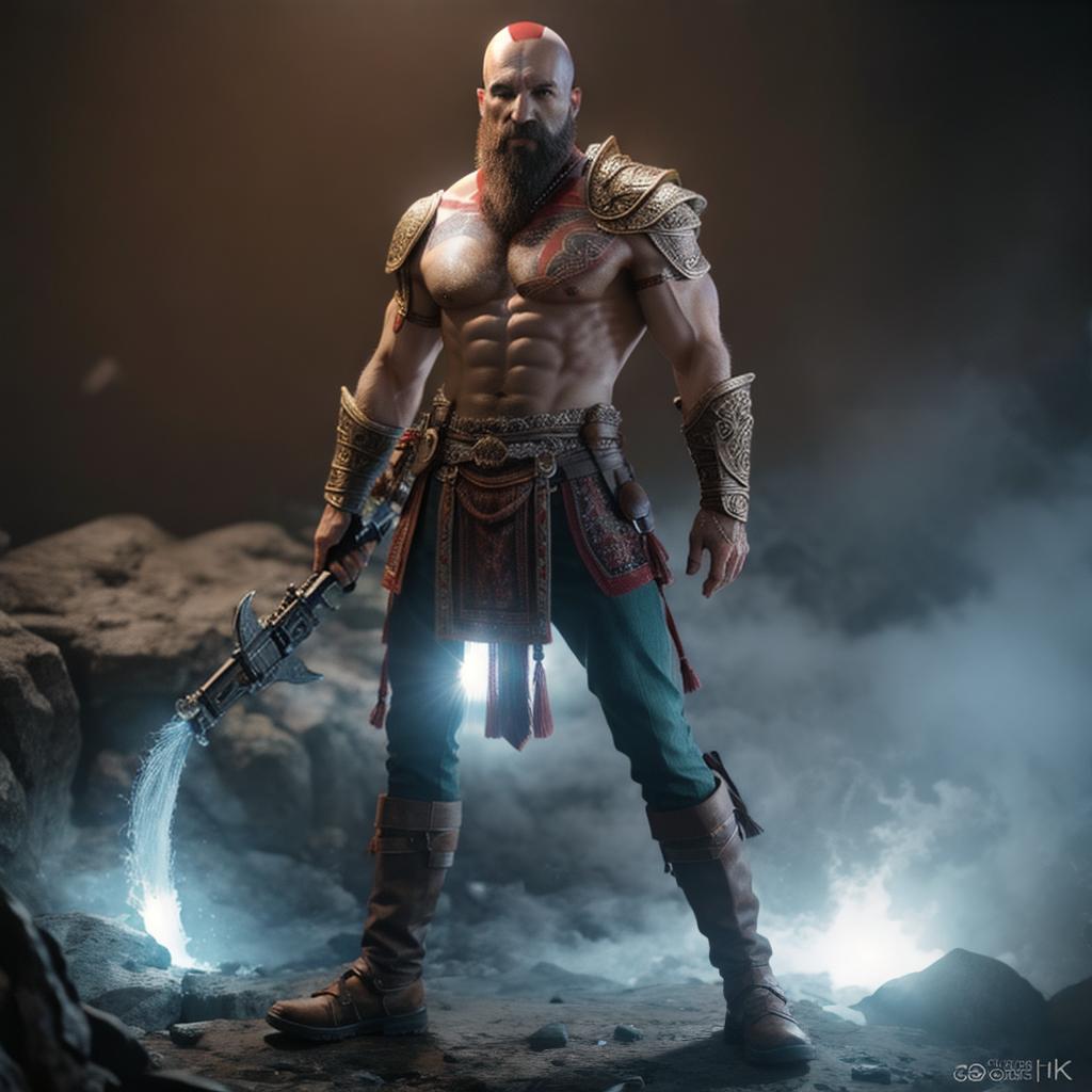  God of war hyperrealistic, full body, detailed clothing, highly detailed, cinematic lighting, stunningly beautiful, intricate, sharp focus, f/1. 8, 85mm, (centered image composition), (professionally color graded), ((bright soft diffused light)), volumetric fog, trending on instagram, trending on tumblr, HDR 4K, 8K