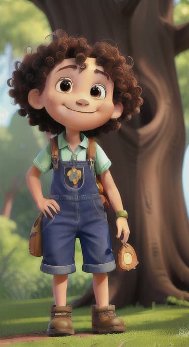  {The tree with a smiling face formed by its bark, looking down at Riley., Riley, a curious with big brown eyes and curly hair, wearing overalls and carrying a small backpack. Their friend, Skye, a bluebird with shiny feathers.