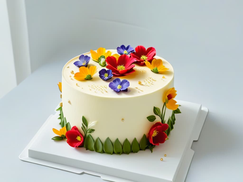  A minimalist, highresolution image of a beautifully intricate cake adorned with colorful edible flowers, set against a clean, white background. The cake is elegantly decorated with delicate piping work and gold leaf accents, showcasing the artistry and creativity of unusual pastry competitions around the world. hyperrealistic, full body, detailed clothing, highly detailed, cinematic lighting, stunningly beautiful, intricate, sharp focus, f/1. 8, 85mm, (centered image composition), (professionally color graded), ((bright soft diffused light)), volumetric fog, trending on instagram, trending on tumblr, HDR 4K, 8K