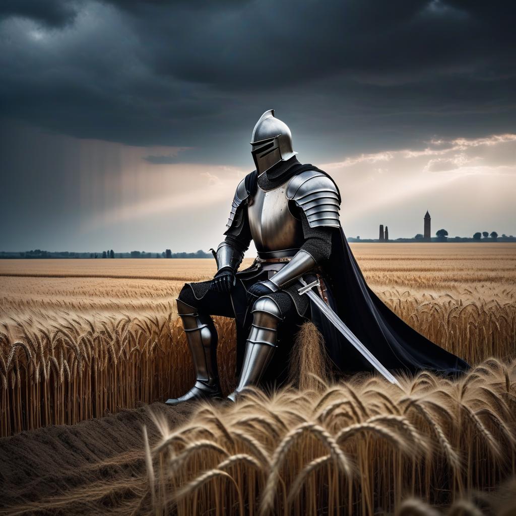  The knight sits with his head bowed down leaning on his sword,antiquity, dark sky, the endless field, Gothic, endless wheat field in the background, The knight is surrounded by a crowd of skeletons, Darkness, skeletons,bones around hyperrealistic, full body, detailed clothing, highly detailed, cinematic lighting, stunningly beautiful, intricate, sharp focus, f/1. 8, 85mm, (centered image composition), (professionally color graded), ((bright soft diffused light)), volumetric fog, trending on instagram, trending on tumblr, HDR 4K, 8K