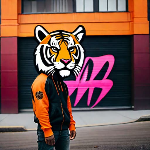  1. Graffiti-style tiger design hyperrealistic, full body, detailed clothing, highly detailed, cinematic lighting, stunningly beautiful, intricate, sharp focus, f/1. 8, 85mm, (centered image composition), (professionally color graded), ((bright soft diffused light)), volumetric fog, trending on instagram, trending on tumblr, HDR 4K, 8K