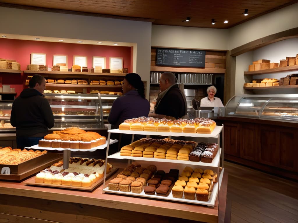  A photorealistic image of a diverse group of people smiling and enjoying a variety of glutenfree pastries in a cozy bakery setting. The pastries are beautifully displayed on rustic wooden tables, showcasing an array of textures and colors. Customers, including a mix of ages and backgrounds, are engaged in lively conversation, adding a warm and welcoming atmosphere to the scene. The soft natural light streaming through the windows highlights the delicious details of the pastries, from flaky croissants to decadent cakes, all glutenfree and enticingly presented. hyperrealistic, full body, detailed clothing, highly detailed, cinematic lighting, stunningly beautiful, intricate, sharp focus, f/1. 8, 85mm, (centered image composition), (professionally color graded), ((bright soft diffused light)), volumetric fog, trending on instagram, trending on tumblr, HDR 4K, 8K