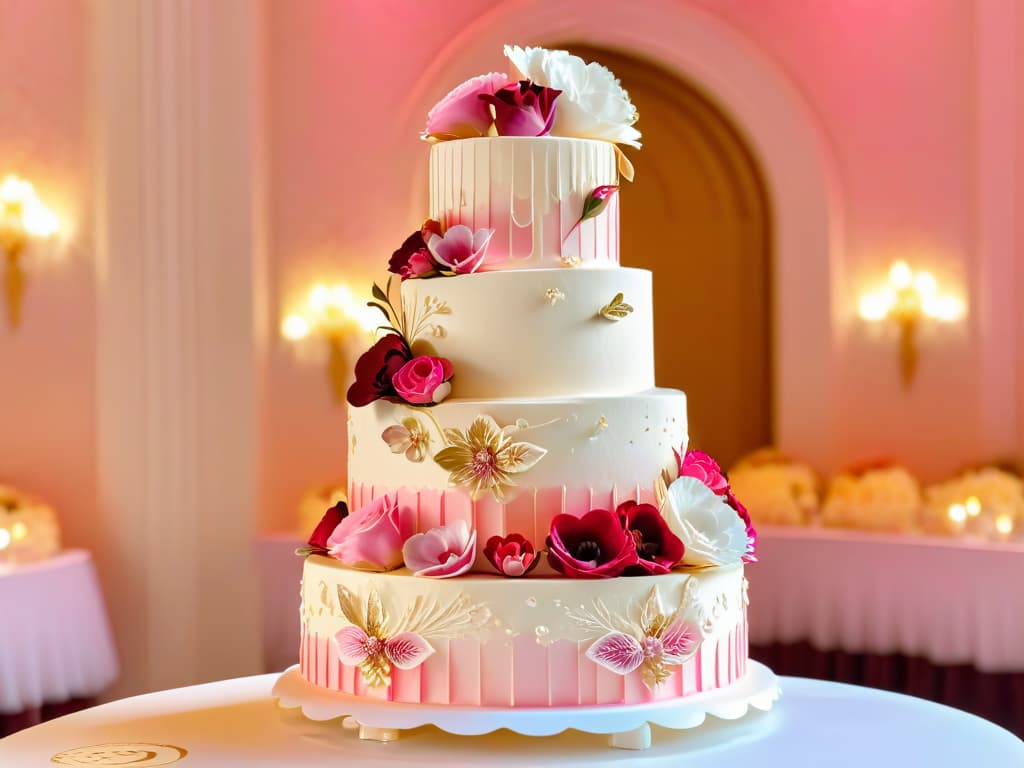  A closeup, ultrahighresolution image of a threetiered wedding cake meticulously decorated with intricate lacelike fondant designs, delicate sugar flowers in various shades of pink and white cascading down one side, and shimmering edible gold leaf accents. The backdrop is a soft focus of a romantic, candlelit reception hall, enhancing the elegance and sophistication of the occasion. The impeccable craftsmanship and attention to detail in the cake are a testament to the artistry and skill required for creating showstopping confections for special events like weddings and birthdays. hyperrealistic, full body, detailed clothing, highly detailed, cinematic lighting, stunningly beautiful, intricate, sharp focus, f/1. 8, 85mm, (centered image composition), (professionally color graded), ((bright soft diffused light)), volumetric fog, trending on instagram, trending on tumblr, HDR 4K, 8K