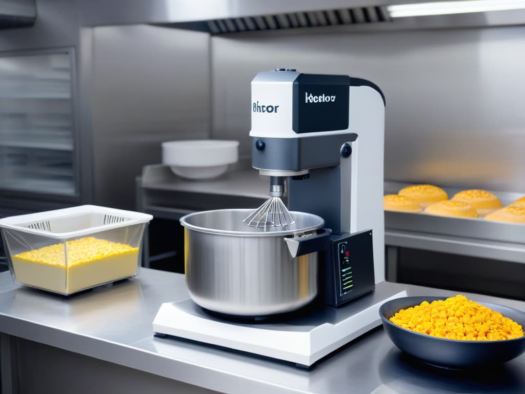  A sleek, minimalistic image of a stateoftheart robot mixer in a modern bakery setting, showcasing precision and efficiency in mixing dough and batter. The mixer is highlighted, with a soft focus on the background to emphasize its importance in achieving perfect consistency in baking. hyperrealistic, full body, detailed clothing, highly detailed, cinematic lighting, stunningly beautiful, intricate, sharp focus, f/1. 8, 85mm, (centered image composition), (professionally color graded), ((bright soft diffused light)), volumetric fog, trending on instagram, trending on tumblr, HDR 4K, 8K