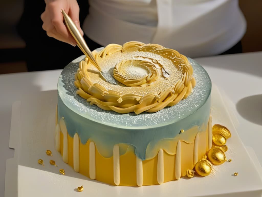  An ultradetailed closeup image of a delicate, intricate brushstroke being applied to a smooth fondant surface with edible gold paint, showcasing the precision and artistry of cake decoration. The brush bristles are perfectly visible, capturing the fine details of the stroke as it elegantly decorates the dessert. The shimmering gold paint contrasts beautifully against the white fondant, highlighting the meticulous technique required for such edible artistic endeavors. hyperrealistic, full body, detailed clothing, highly detailed, cinematic lighting, stunningly beautiful, intricate, sharp focus, f/1. 8, 85mm, (centered image composition), (professionally color graded), ((bright soft diffused light)), volumetric fog, trending on instagram, trending on tumblr, HDR 4K, 8K