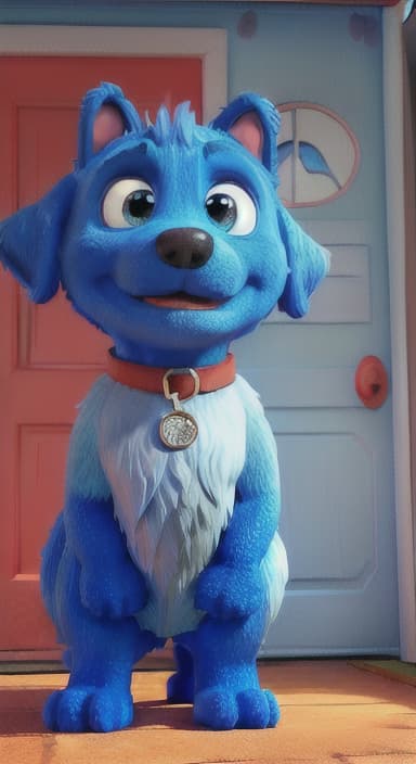  {Max the big blue dog standing in front of a cozy little house with a red door, The big blue dog is large with sky blue fur, big round eyes, a black nose, and floppy ears.