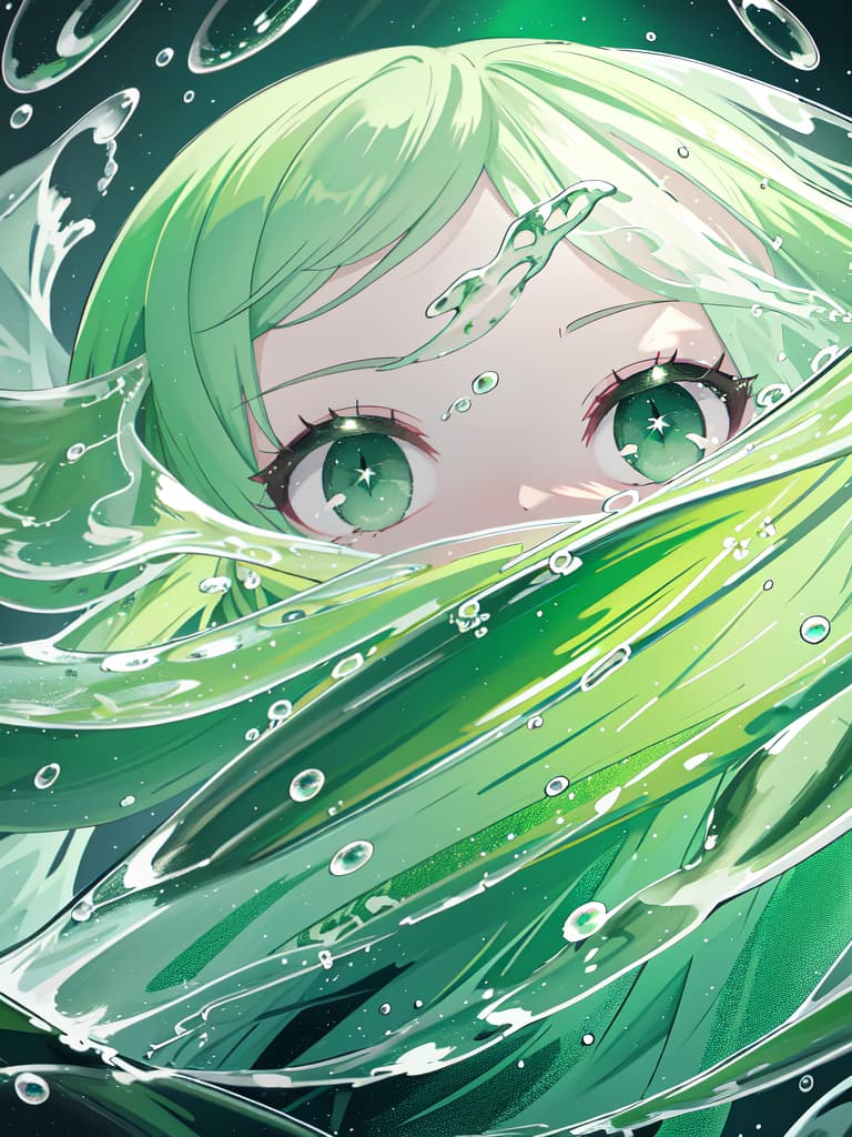  Green hair character in a large droplet drip, masterpiece, best quality,8k,ultra detailed,high resolution,an extremely delicate and beautiful,hyper detail