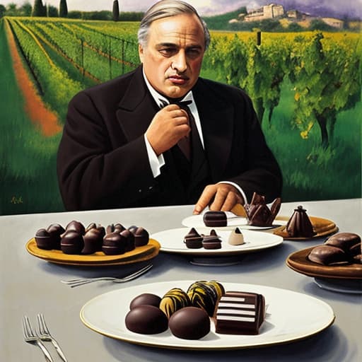  Marlon Brando the godfather, Don Vito in Italy and a vineyard dressed in modern designer attire. Foreground plates of fine dark chocolates on a table. Background vineyard Painting style of Edgar Degas