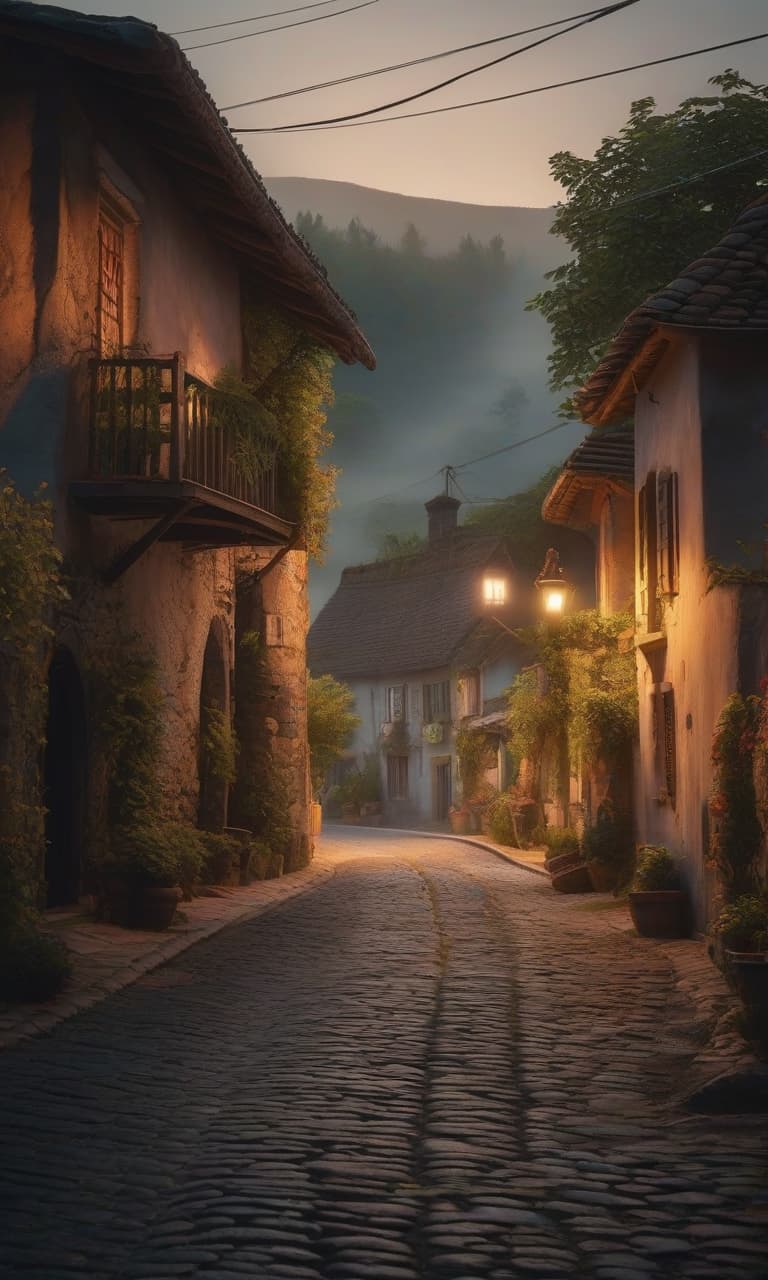  Generate a road in the village. hyperrealistic, full body, detailed clothing, highly detailed, cinematic lighting, stunningly beautiful, intricate, sharp focus, f/1. 8, 85mm, (centered image composition), (professionally color graded), ((bright soft diffused light)), volumetric fog, trending on instagram, trending on tumblr, HDR 4K, 8K