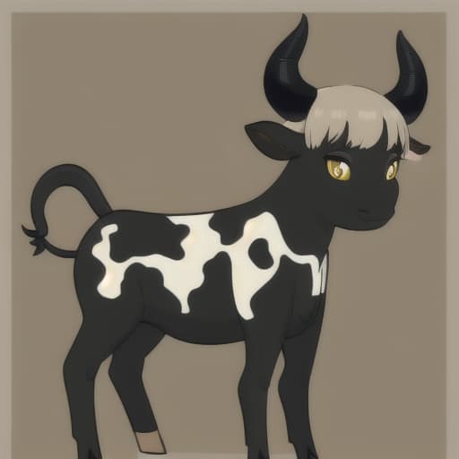  short cow , dark gray skin, big s, bright yellow eyes, beige horns, black cow tail.