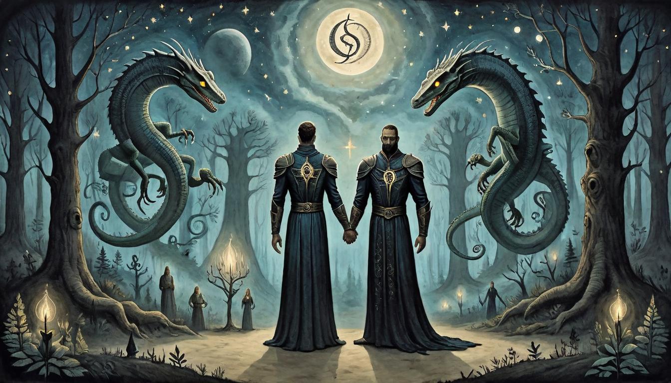  on parchment, surrealism+++, human and reptilian figures standing side by side, dark forest background, both with open hands showing illuminated symbols, night sky with stars, serene, harmonious(mysterious, provocative, symbolic,muted color)+++