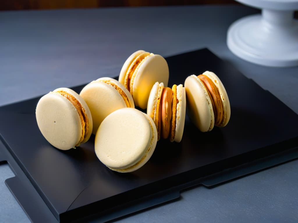  A closeup, ultradetailed image of a perfectly golden almond flour macaron with a delicate shell and a luscious almond buttercream filling, elegantly displayed on a sleek, modern, matte black plate. The macaron is garnished with a single silver dragée, highlighting the precision and artistry of this glutenfree delicacy. hyperrealistic, full body, detailed clothing, highly detailed, cinematic lighting, stunningly beautiful, intricate, sharp focus, f/1. 8, 85mm, (centered image composition), (professionally color graded), ((bright soft diffused light)), volumetric fog, trending on instagram, trending on tumblr, HDR 4K, 8K