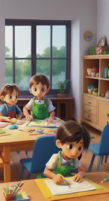  {Children gathered around a table full of paints, brushes, and paper., Kids wearing aprons, concentrating on their painting with bright colors on paper.