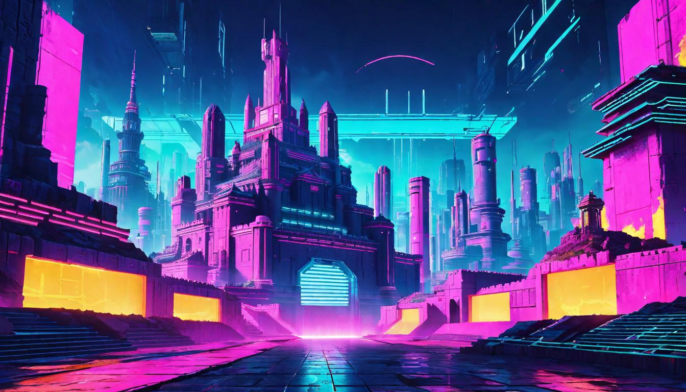  vaporwave,cyberpunk game style A fortress with walls visibly cracking, the strain of defiance against authority, Breaking barriers, the erosion of entrenched power, Crumbling defenses, a visual metaphor for resistance, Structural weakening, the challenge of changeeon, dystopian, futuristic, digital, vibrant, detailed, high contrast, reminiscent of cyberpunk genre video games,retro aesthetic, cyberpunk, vibrant, neon colors, vintage 80s and 90s style, highly detailed