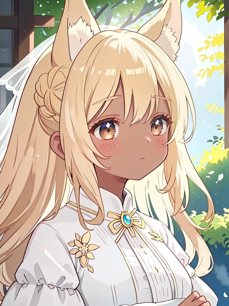  Horse ears, no ears, girls, brown skin, Ryomeguro, blonde, wedding dress, masterpiece, best quality,8k,ultra detailed,high resolution,an extremely delicate and beautiful,hyper detail