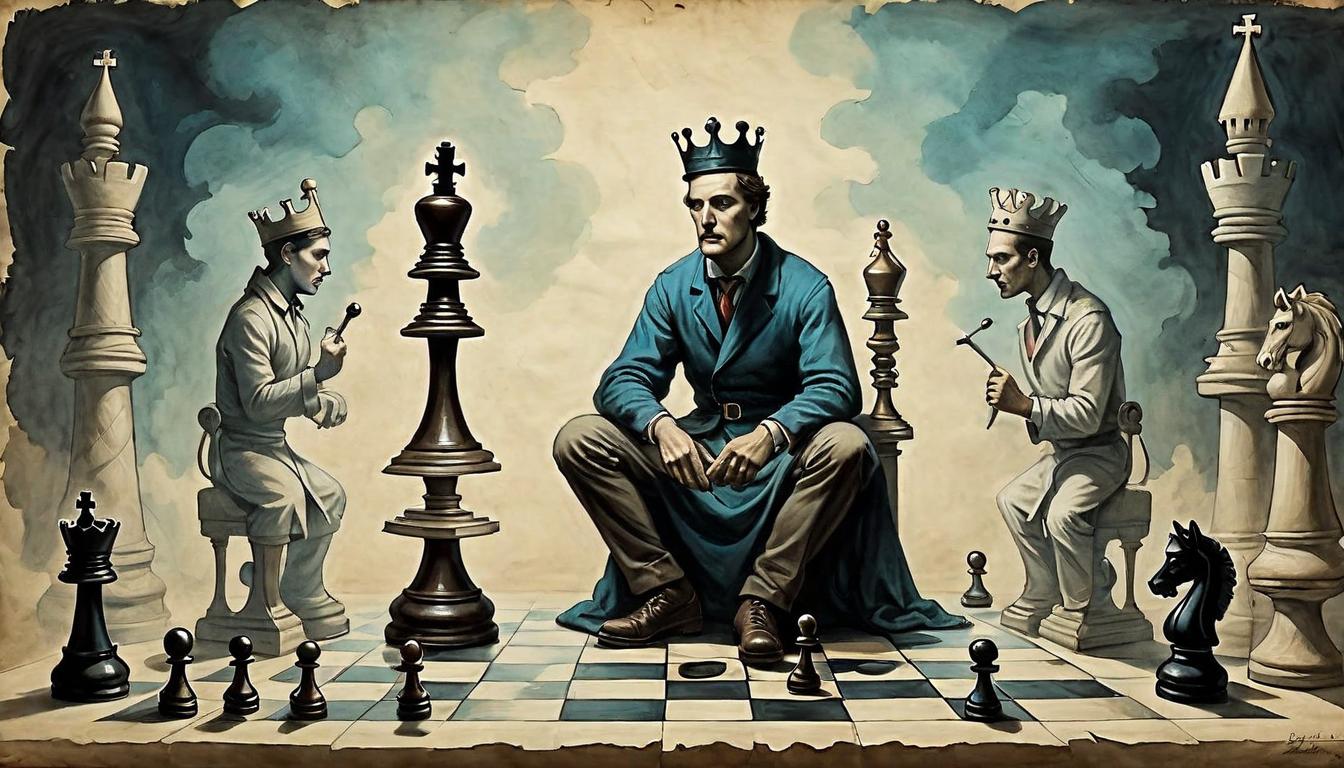  on parchment, surrealism+++, Two figures, indistinct in gender, sitting opposed under a single light, chess pieces between them strewn in disarray, metaphor for negotiation, strategic interaction, complex relationships, quiet tension.(mysterious, provocative, symbolic,muted color)+++