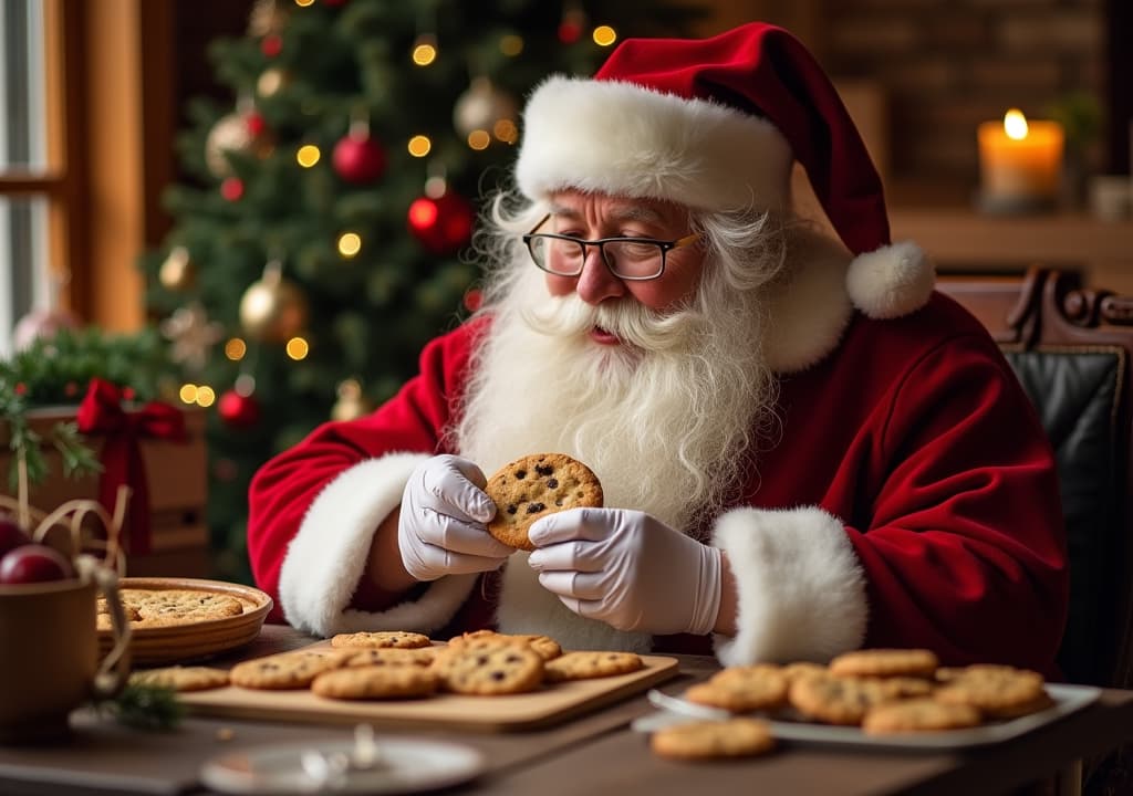  good quality, high quality, santa enjoys freshly baked cookies in a cozy setting, surrounded by festive decorations, evoking holiday warmth and joy.