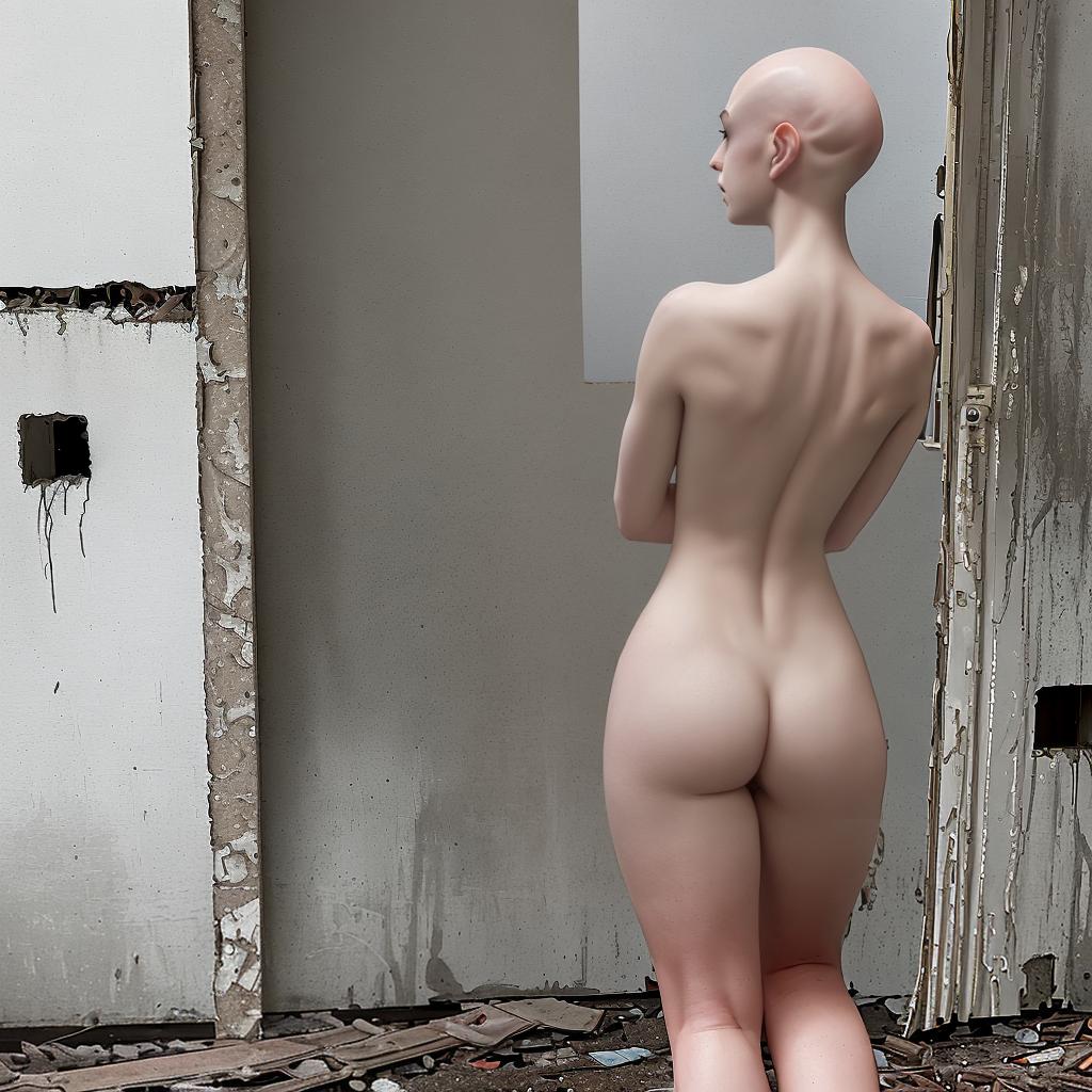  bald-girl, naked, with her back, in an abandoned place