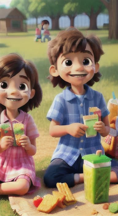  {Kids sitting around a picnic blanket, enjoying juice boxes and snacks., Children happily eating snacks, with crumbs on their faces and big smiles.