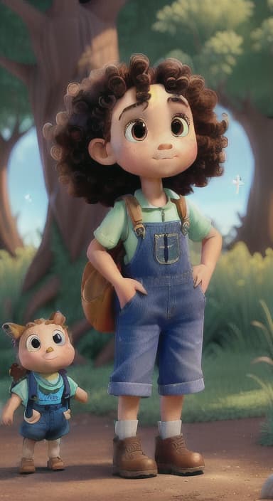  {The tree shining brightly and releasing a gentle, magical light., Riley, a curious with big brown eyes and curly hair, wearing overalls and carrying a small backpack. Their friend, Skye, a bluebird with shiny feathers.