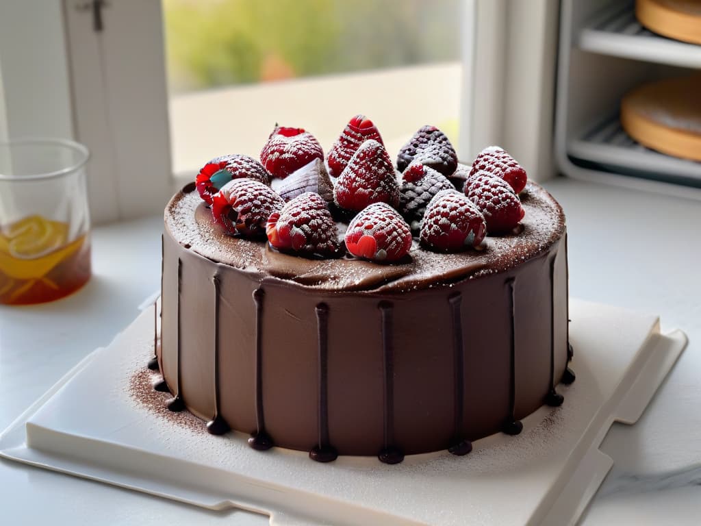  An ultradetailed image of a decadent chocolate cake with layers of rich ganache, topped with fresh raspberries and a dusting of powdered sugar, placed on a sleek white marble cake stand against a soft, blurred background of a modern kitchen with natural light streaming in through a window, creating a minimalist and elegant composition that exudes sophistication and indulgence. hyperrealistic, full body, detailed clothing, highly detailed, cinematic lighting, stunningly beautiful, intricate, sharp focus, f/1. 8, 85mm, (centered image composition), (professionally color graded), ((bright soft diffused light)), volumetric fog, trending on instagram, trending on tumblr, HDR 4K, 8K