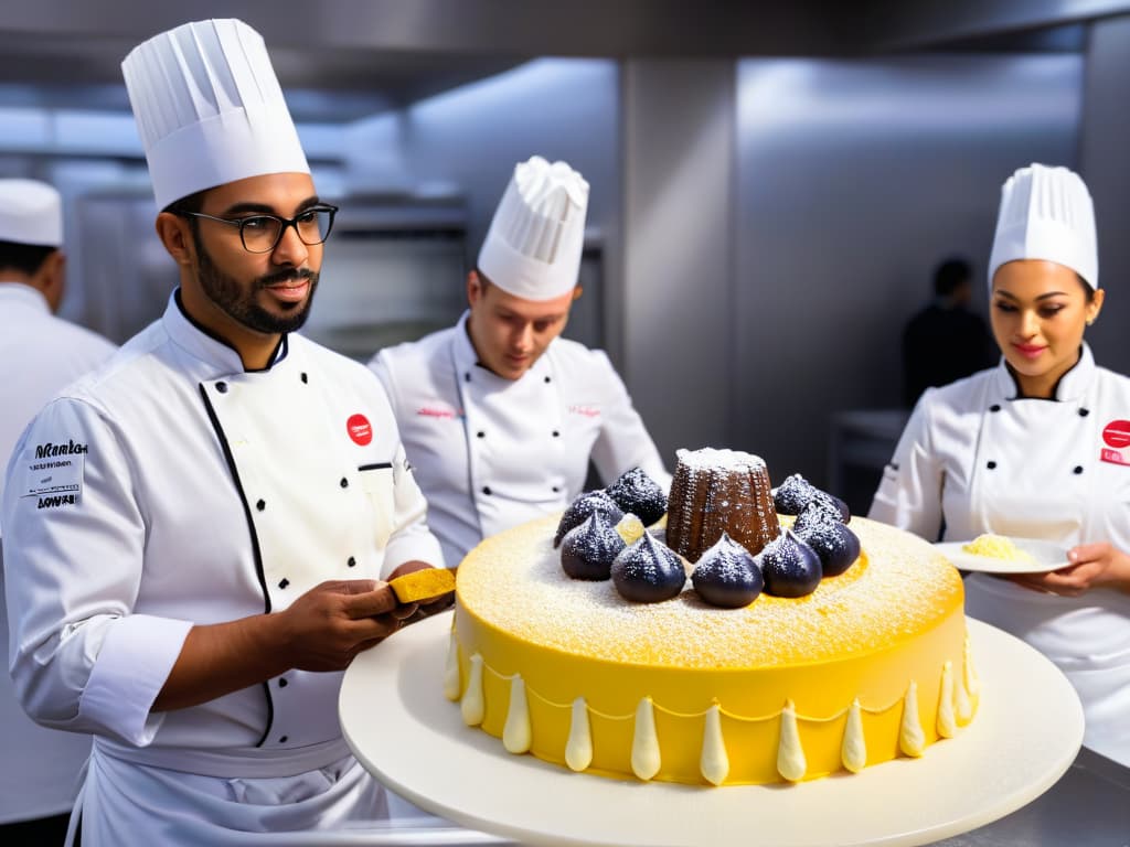  An image of a diverse group of pastry chefs sharing tips and networking at a prestigious baking competition. Each chef is intensely focused on the conversation, with baking tools scattered around them, showcasing a mix of traditional and modern techniques. The background is blurred to emphasize the camaraderie and exchange of knowledge happening in the foreground, creating a sense of community and collaboration in the competitive world of pastry arts. hyperrealistic, full body, detailed clothing, highly detailed, cinematic lighting, stunningly beautiful, intricate, sharp focus, f/1. 8, 85mm, (centered image composition), (professionally color graded), ((bright soft diffused light)), volumetric fog, trending on instagram, trending on tumblr, HDR 4K, 8K