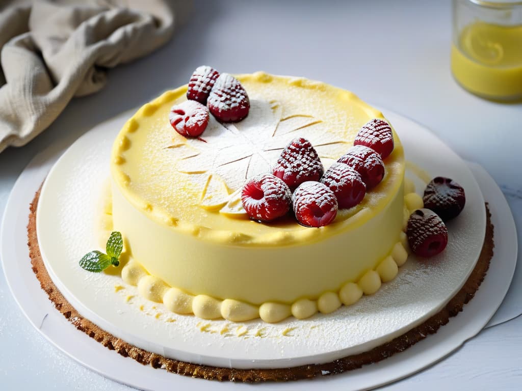  A closeup, ultradetailed image of a perfectly plated dessert showcasing a delicate balance of acidity and sweetness. The dessert is a layered lemon tart with a glossy lemon curd on top, garnished with fresh raspberries, mint leaves, and a dusting of powdered sugar. The plate sits on a sleek, modern table with soft, indirect lighting that highlights the textures and colors of the dessert. hyperrealistic, full body, detailed clothing, highly detailed, cinematic lighting, stunningly beautiful, intricate, sharp focus, f/1. 8, 85mm, (centered image composition), (professionally color graded), ((bright soft diffused light)), volumetric fog, trending on instagram, trending on tumblr, HDR 4K, 8K