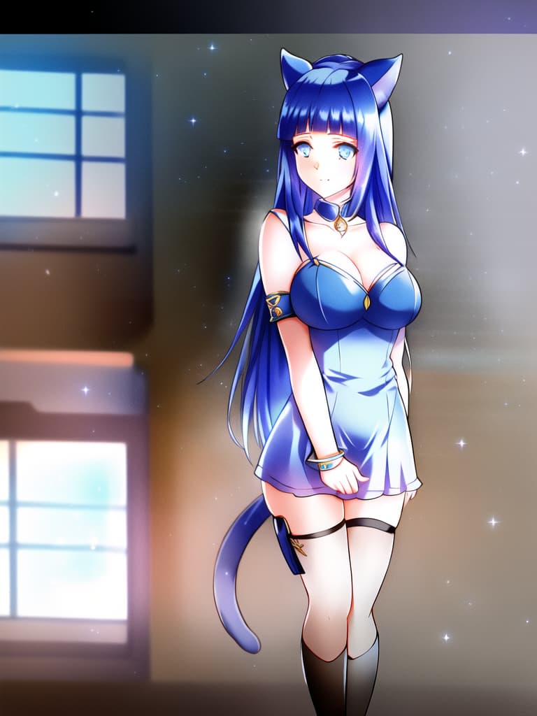  A girl. She has big blue eyes and long blue hair. She's wearing a bell collar. She has cat ears and a cat tail. Her dress is blue and has elements of stars, moon, candy and flowers. She wears a metal armband and leg bracelet. She has the features of a cat. <lora:hinata-hyuuga-lora:1> hyperrealistic, full body, detailed clothing, highly detailed, cinematic lighting, stunningly beautiful, intricate, sharp focus, f/1. 8, 85mm, (centered image composition), (professionally color graded), ((bright soft diffused light)), volumetric fog, trending on instagram, trending on tumblr, HDR 4K, 8K