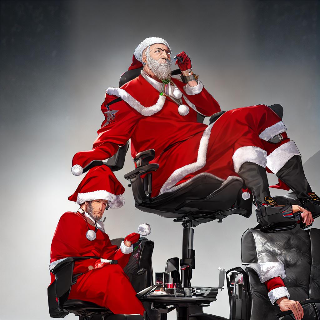  A Santa Claus sitting backwards on a gaming chair, with his tattooed hands visible, wearing a hanging Santa Claus hat. The artwork is a masterpiece with the best quality, 8k resolution, and is highly detailed and ultra-detailed. hyperrealistic, full body, detailed clothing, highly detailed, cinematic lighting, stunningly beautiful, intricate, sharp focus, f/1. 8, 85mm, (centered image composition), (professionally color graded), ((bright soft diffused light)), volumetric fog, trending on instagram, trending on tumblr, HDR 4K, 8K