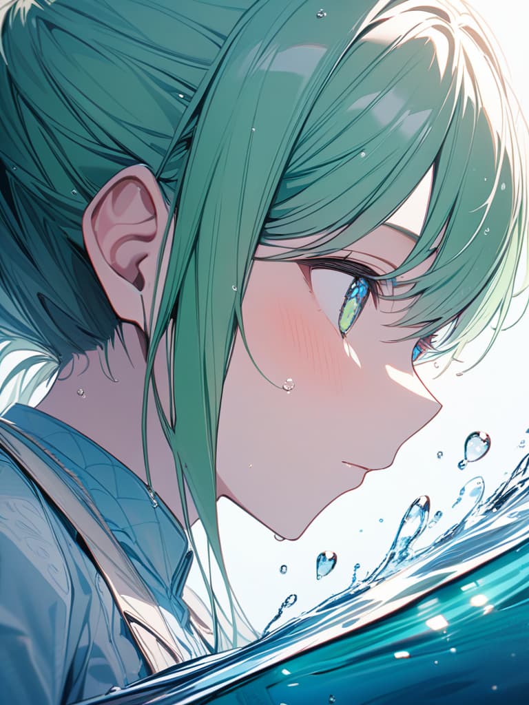  Green hair character reflected in water drops, masterpiece, best quality,8k,ultra detailed,high resolution,an extremely delicate and beautiful,hyper detail