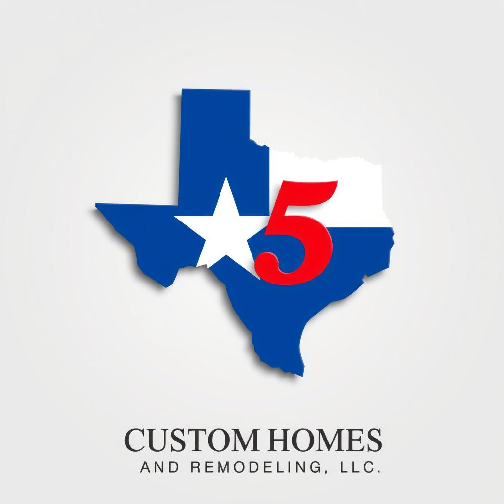  design a logo that features the outline of the state of texas in a minimalist style. inside the texas outline, incorporate the letters 'm5' in a bold, modern font. use the colors of the texas flag: blue, red, and white. make the 'm' in blue, the '5' in red, and the star in white. the text 'custom homes and remodeling, llc' should be elegantly placed below or around the outline of texas, ensuring it complements the design without overwhelming the central focus. use a neutral color, such as black or dark blue, for the company name to ensure readability hyperrealistic, full body, detailed clothing, highly detailed, cinematic lighting, stunningly beautiful, intricate, sharp focus, f/1. 8, 85mm, (centered image composition), (professionally color graded), ((bright soft diffused light)), volumetric fog, trending on instagram, trending on tumblr, HDR 4K, 8K