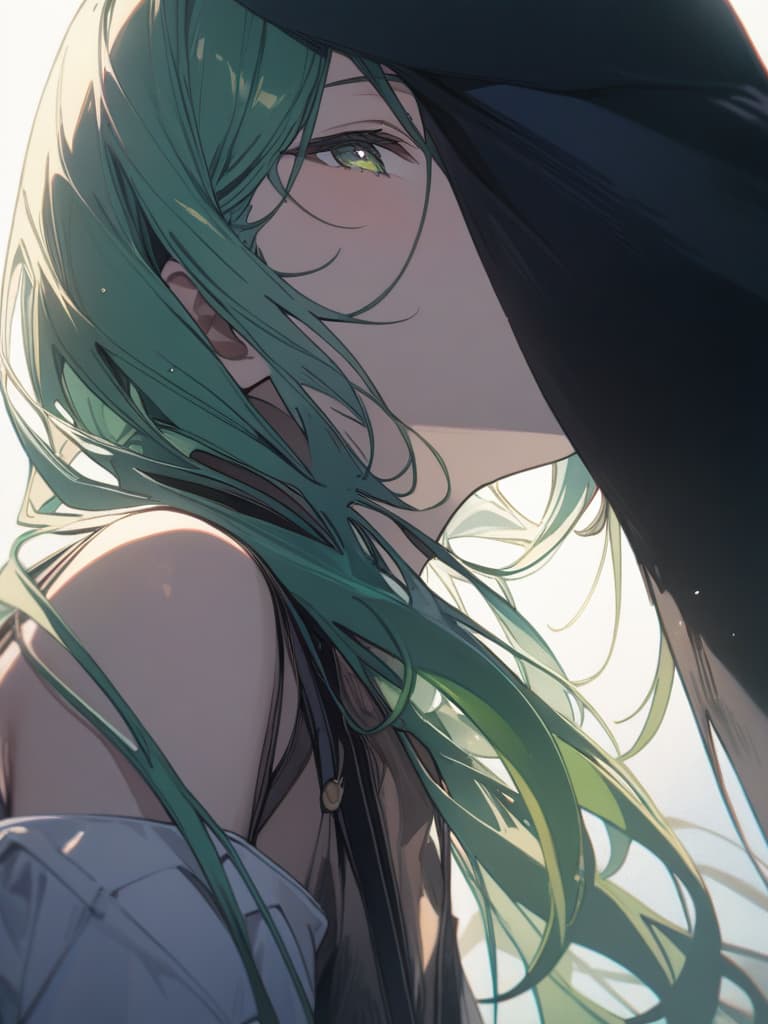  Green hair character and black Anubis, masterpiece, best quality,8k,ultra detailed,high resolution,an extremely delicate and beautiful,hyper detail