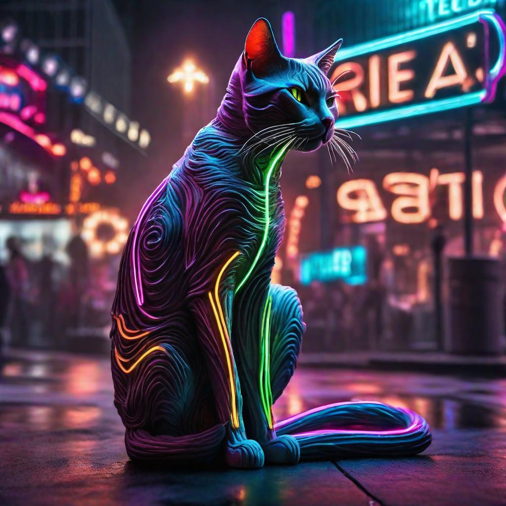  Gato neon hyperrealistic, full body, detailed clothing, highly detailed, cinematic lighting, stunningly beautiful, intricate, sharp focus, f/1. 8, 85mm, (centered image composition), (professionally color graded), ((bright soft diffused light)), volumetric fog, trending on instagram, trending on tumblr, HDR 4K, 8K