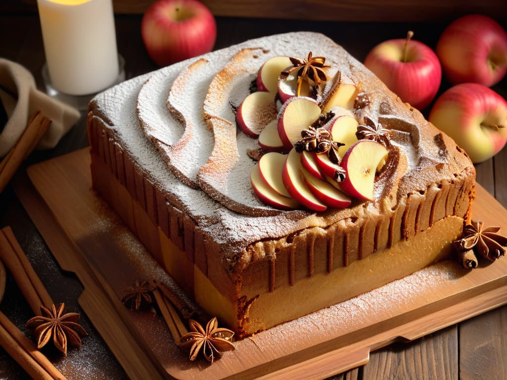  A photorealistic image of a freshly baked spiced apple cake resting on a rustic wooden table, surrounded by cinnamon sticks, whole cloves, and scattered apple slices. The cake is beautifully golden brown, with a dusting of powdered sugar on top, emitting a warm, inviting aroma. The soft glow of candlelight in the background enhances the cozy, winter feel of the scene, making it a perfect visual representation of the article's content on creating the perfect spiced apple cake for the winter season. hyperrealistic, full body, detailed clothing, highly detailed, cinematic lighting, stunningly beautiful, intricate, sharp focus, f/1. 8, 85mm, (centered image composition), (professionally color graded), ((bright soft diffused light)), volumetric fog, trending on instagram, trending on tumblr, HDR 4K, 8K