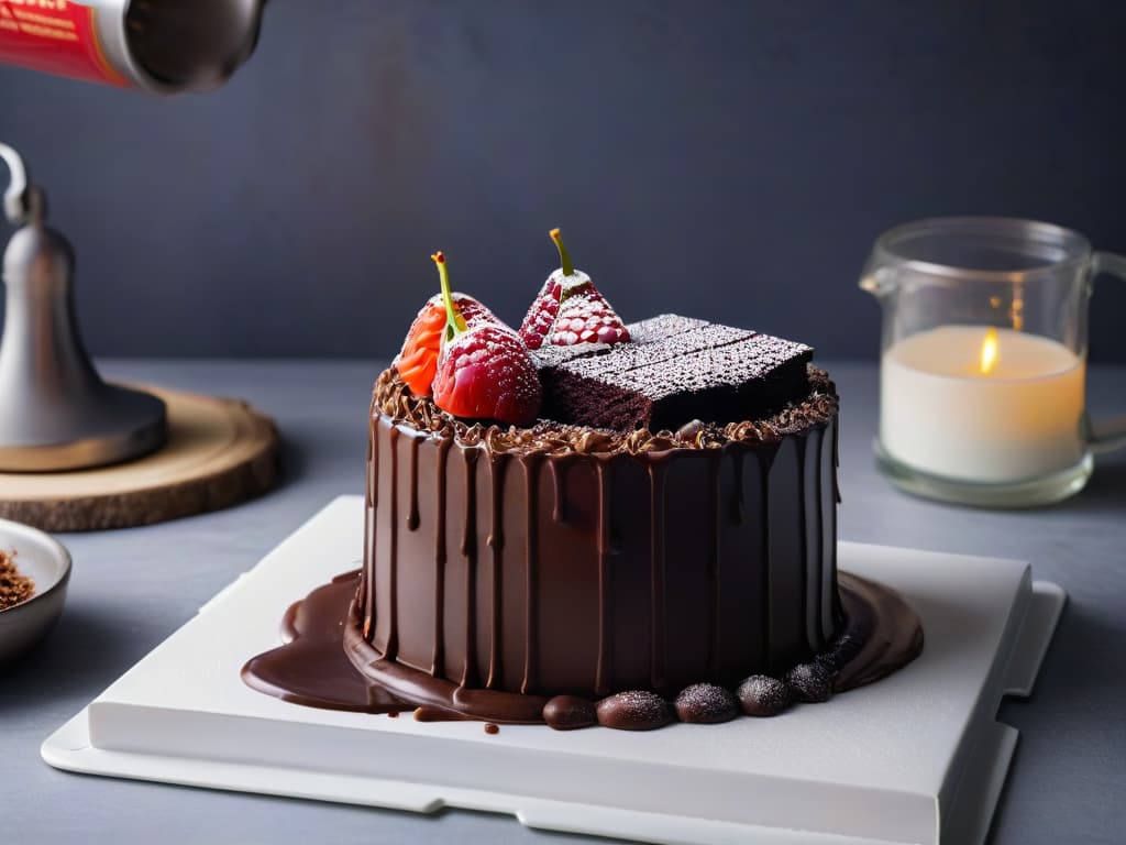  A closeup, photorealistic image of a glossy, perfectly tempered dark chocolate ganache being poured over a decadent chocolate cake, highlighting the smooth texture and rich color of the chocolate against the backdrop of a sleek, professional kitchen setting with gleaming stainless steel appliances and marble countertops. hyperrealistic, full body, detailed clothing, highly detailed, cinematic lighting, stunningly beautiful, intricate, sharp focus, f/1. 8, 85mm, (centered image composition), (professionally color graded), ((bright soft diffused light)), volumetric fog, trending on instagram, trending on tumblr, HDR 4K, 8K