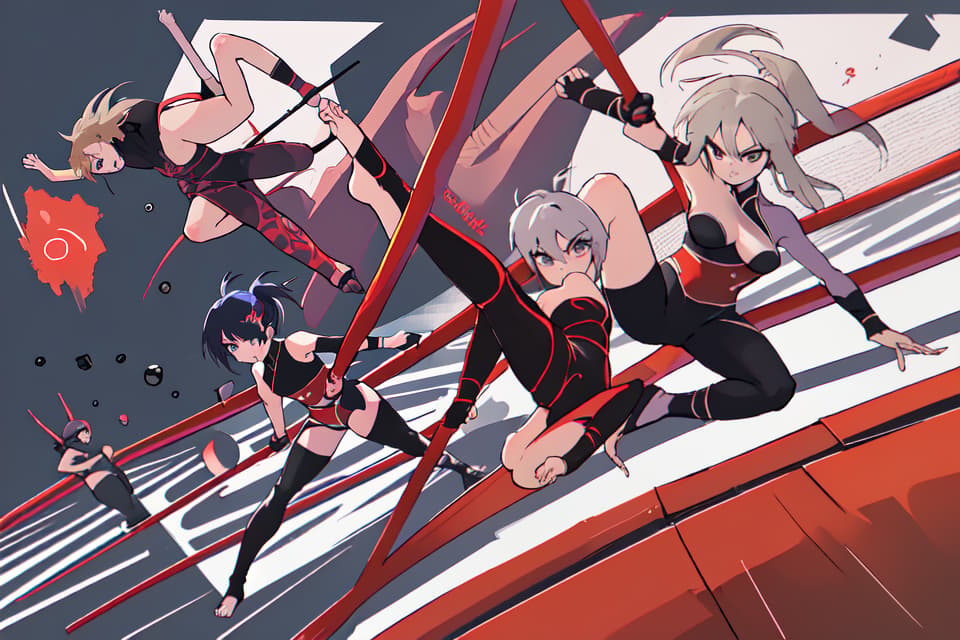  Ninja, acrobat, dynamism, high angle, fighting in the background, description, depictions