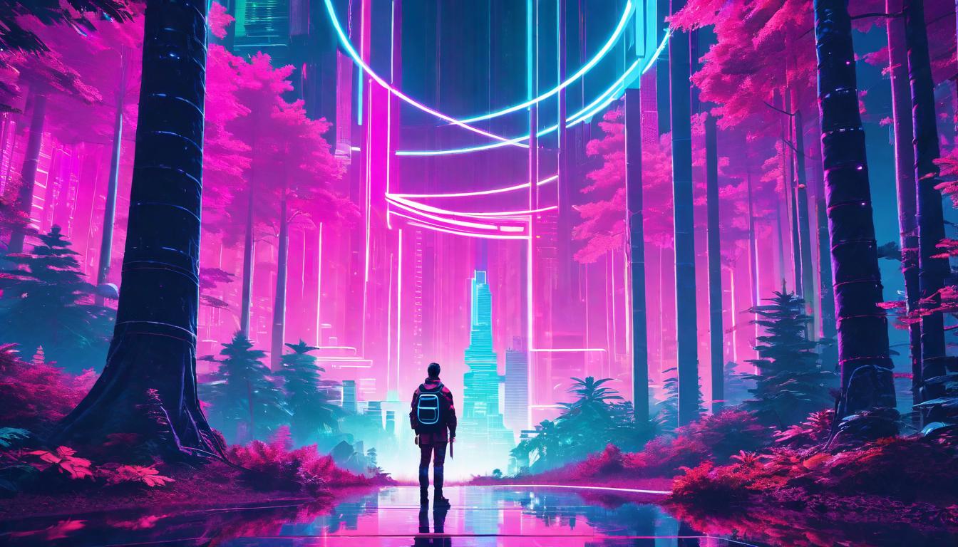  vaporwave,cyberpunk game style A person standing at a crossroads in a dense forest, decision and reflection, Moment of choice, Introspection, Pathways of lifeeon, dystopian, futuristic, digital, vibrant, detailed, high contrast, reminiscent of cyberpunk genre video games,retro aesthetic, cyberpunk, vibrant, neon colors, vintage 80s and 90s style, highly detailed