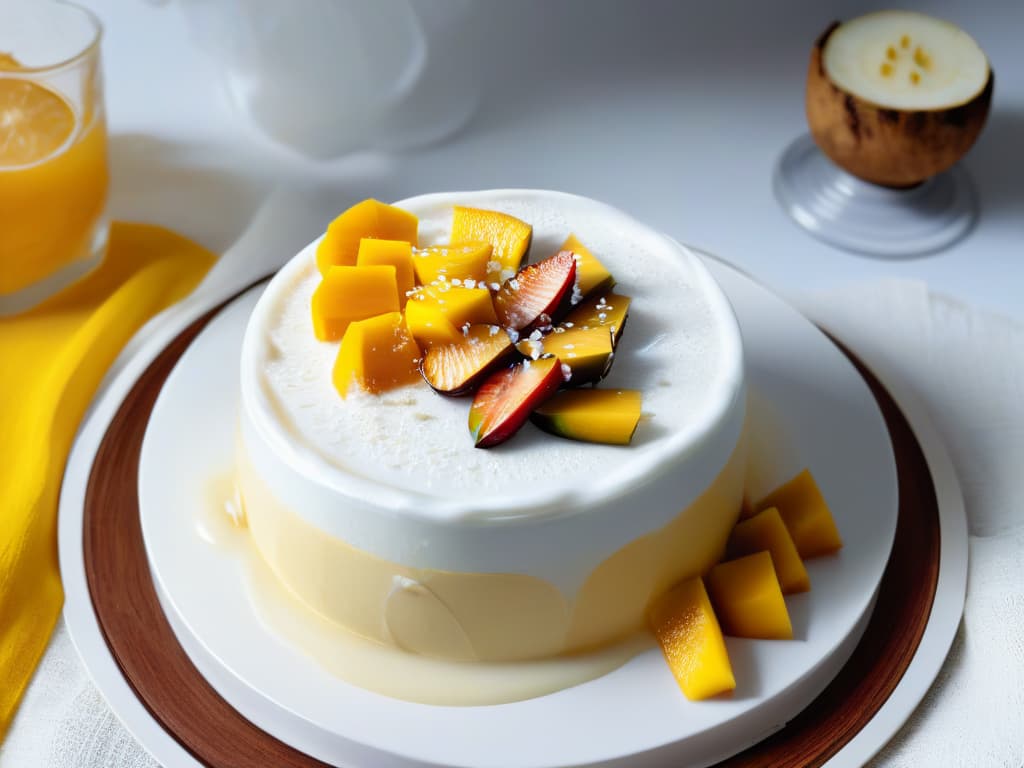  A serene image of a delicate, intricately plated coconut mango sticky rice dessert, featuring perfectly cooked glutinous rice drizzled with sweet coconut milk and adorned with ripe mango slices arranged in a harmonious pattern. The dish sits on a minimalist, elegant white plate against a backdrop of soft, diffused natural light, highlighting the vibrant colors and textures of the dessert. This visually appealing image conveys the essence of traditional ricebased desserts in Asia, inviting the reader to indulge in the sweet flavors and cultural richness of the region. hyperrealistic, full body, detailed clothing, highly detailed, cinematic lighting, stunningly beautiful, intricate, sharp focus, f/1. 8, 85mm, (centered image composition), (professionally color graded), ((bright soft diffused light)), volumetric fog, trending on instagram, trending on tumblr, HDR 4K, 8K