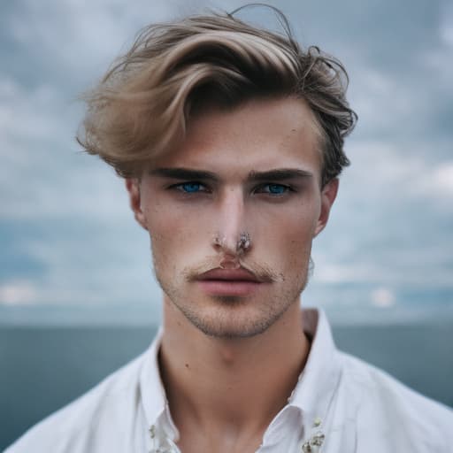 portrait+ style Russian queer supermodel blonde hunk dude face