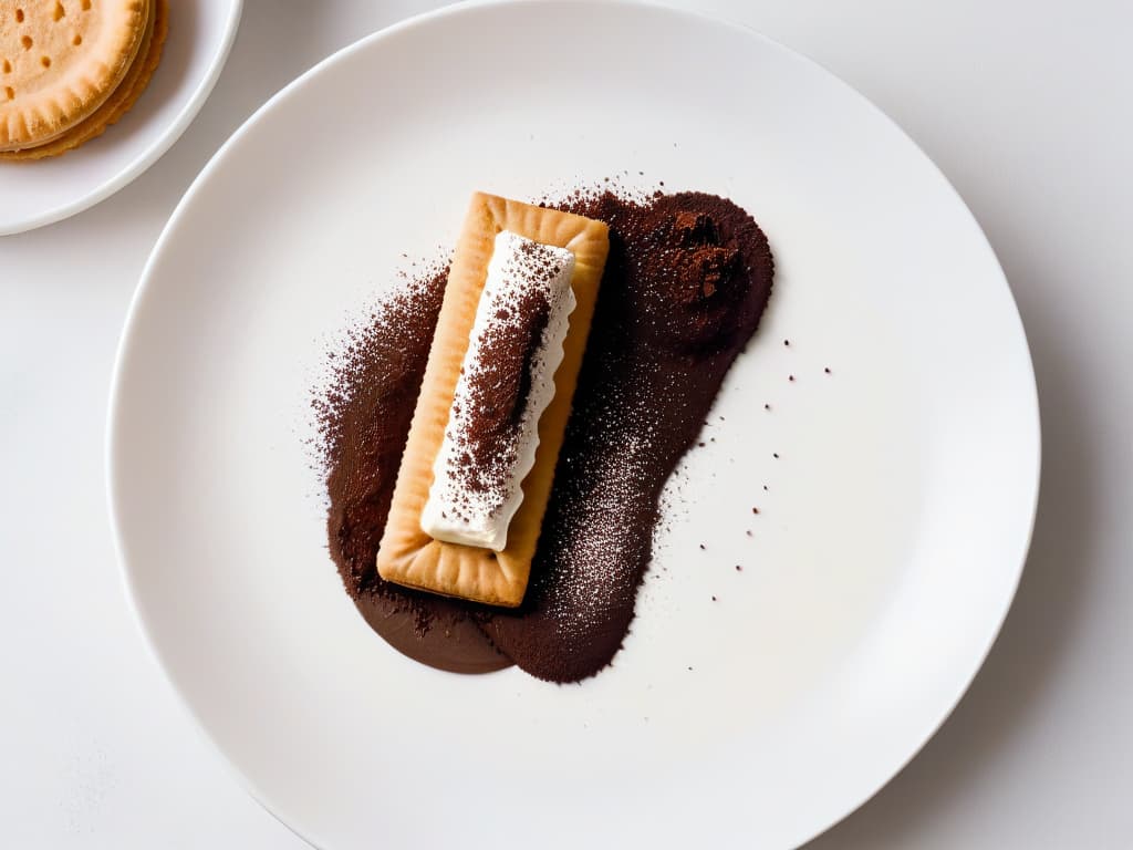  An ultradetailed closeup image of a delicate ladyfinger biscuit soaked in espresso, with a dollop of rich mascarpone cheese and a sprinkle of cocoa powder on top, all placed on a sleek, modern white plate. The textures of the biscuit, creamy mascarpone, and fine cocoa powder are incredibly vivid, showing every crumb and detail, creating a visually striking and appetizing composition. hyperrealistic, full body, detailed clothing, highly detailed, cinematic lighting, stunningly beautiful, intricate, sharp focus, f/1. 8, 85mm, (centered image composition), (professionally color graded), ((bright soft diffused light)), volumetric fog, trending on instagram, trending on tumblr, HDR 4K, 8K