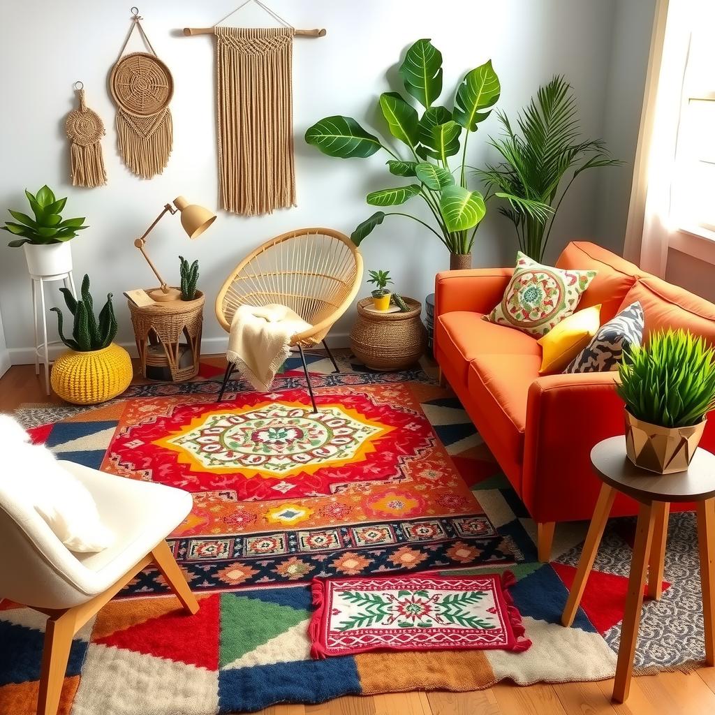  boho living room featuring layered rugs with mixed patterns, vibrant colors, and textures. include a large area rug with geometric designs underneath a smaller, intricately woven rug with floral motifs. surrounding this, add bohemian style furniture like a rattan chair, macrame wall hangings, and plants for a cozy, inviting atmosphere.,