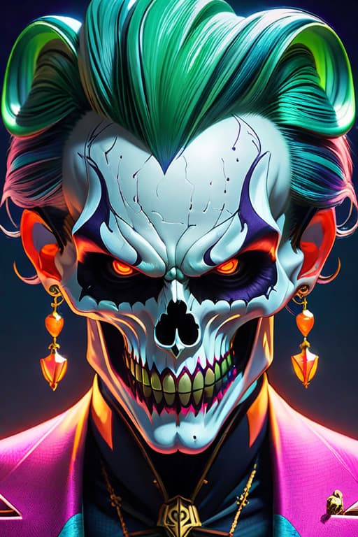  Hyper realistic art skull joker demon concept art portrait by Casey Weldon, Olga Kvasha, Miho Hirano, hyperdetailed intricately detailed gothic art trending on Artstation triadic colors Unreal Engine 5 detailed matte painting, deep color, fantastical, intricate detail, splash screen, complementary colors, fantasy concept art, 8k resolution, gothic DeviantArt masterpiece . Extremely high resolution details, photographic, realism pushed to extreme, fine texture, incredibly lifelike hyperrealistic, full body, detailed clothing, highly detailed, cinematic lighting, stunningly beautiful, intricate, sharp focus, f/1. 8, 85mm, (centered image composition), (professionally color graded), ((bright soft diffused light)), volumetric fog, trending on instagram, trending on tumblr, HDR 4K, 8K