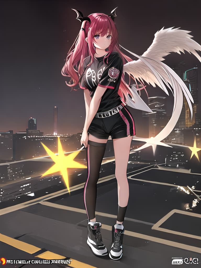  90s inspired T shirt shop logo demon masterpiece 1girl angel wings full body best quality detailed clothing highly detailed cinematic lighting